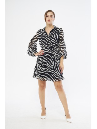 Alnina Gömlek Yaka Zebra Desenli Kısa Boy Regular Fit Siyah Beyaz Renk Elbise