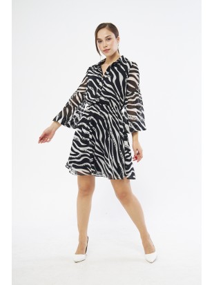 Alnina Gömlek Yaka Zebra Desenli Kısa Boy Regular Fit Siyah Beyaz Renk Elbise