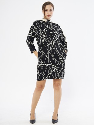 Vensty Gömlek Yaka Çizgi Desenli Kısa Boy Regular Fit Siyah Beyaz Renk Elbise