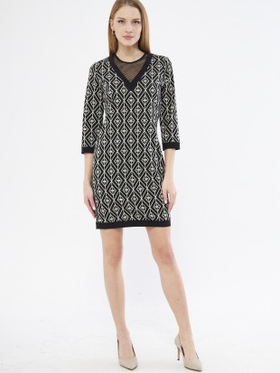 Varmeny V-Yaka Geometrik Desenli Kısa Boy Regular Fit Siyah Beyaz Renk Elbise