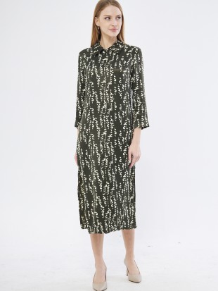 Ranny Gömlek Yaka Çizgi Desenli Diz Altı Regular Fit Yeşil Renk Elbise