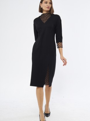 Swee V-Yaka Dantel Desenli Diz Altı Regular Fit Siyah Renk Elbise