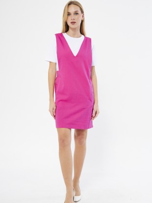 Rizart V-Yaka Kısa Boy Sıfır Kol Regular Fit Pembe Renk Elbise