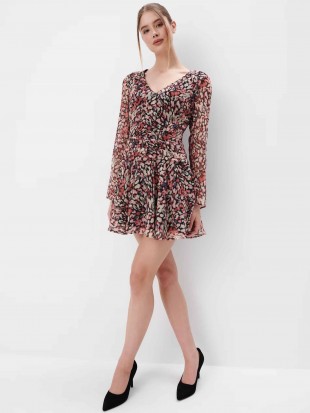 Merlo V-Yaka Çiçek Desenli Mini Boy Regular Fit Çok Renkli Elbise