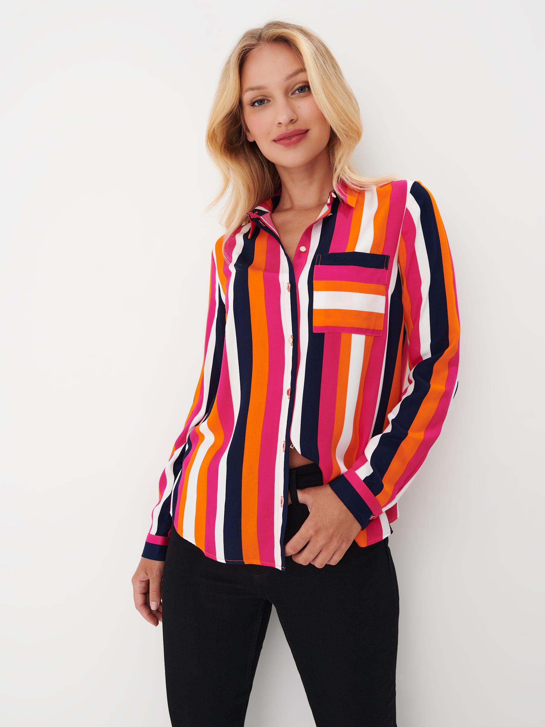 Ata Gömlek Yaka Çizgili Desenli Standart Boy Regular Fit Çok Renkli Kadın Gömlek