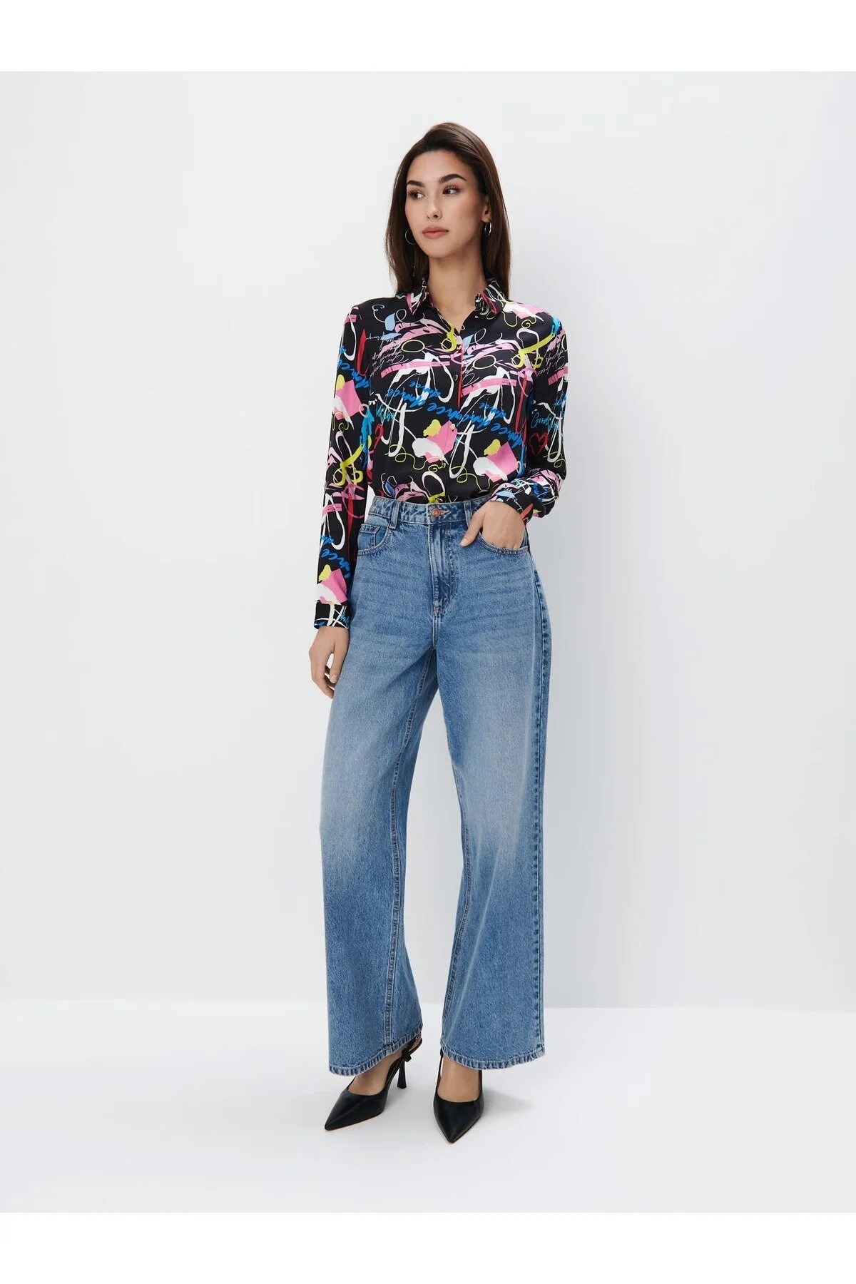 Sim Gömlek Yaka Çizgili Desenli Regular Fit Çok Renkli Kadın Gömlek