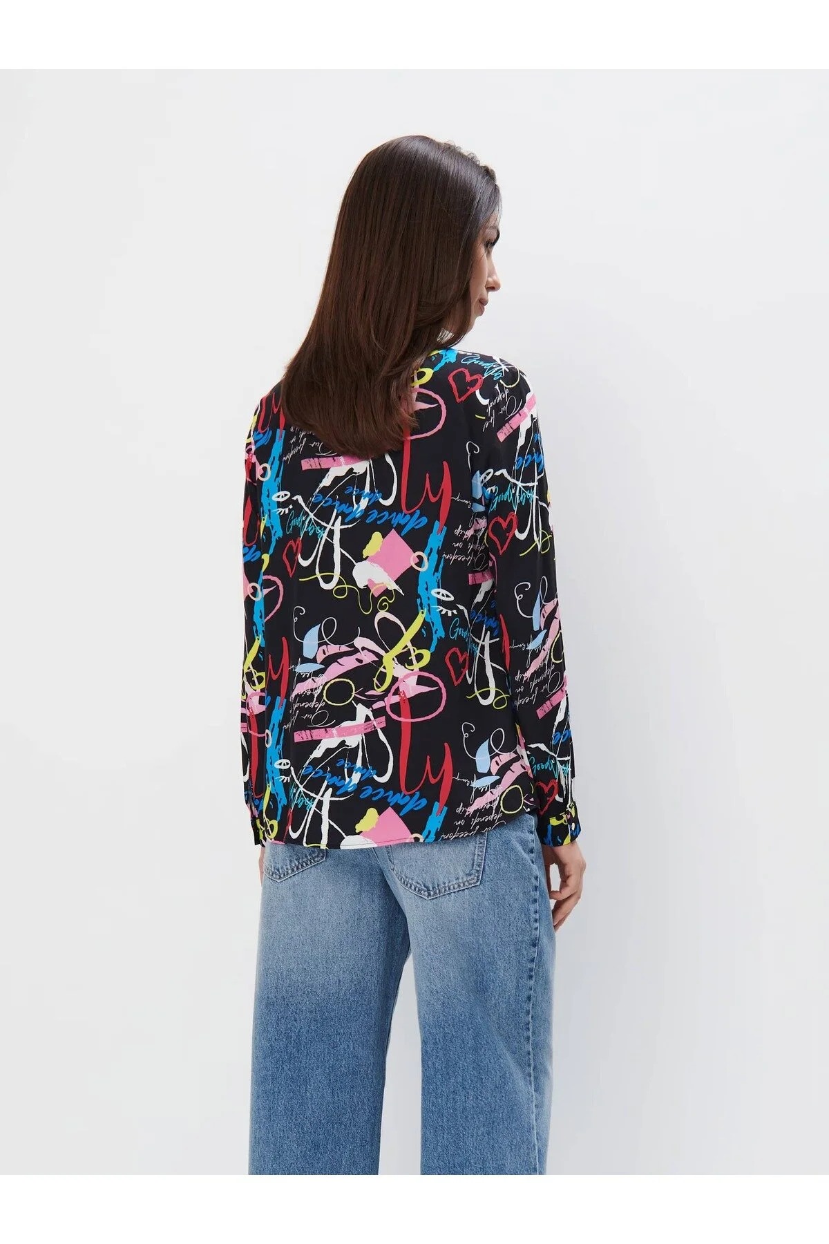 Sim Gömlek Yaka Çizgili Desenli Regular Fit Çok Renkli Kadın Gömlek